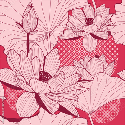 Seamless pattern with natural ornament. Asian lotus flower