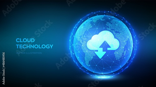 Cloud data technology abstract concept. Cloud storage icon with two arrows up and down on the background of the world map. Cloud computing service. Global network connection. Vector Illustration.
