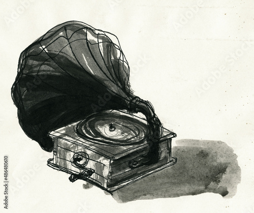 Ink illustration sketch of the antique retro gramophone on an old sepia paper