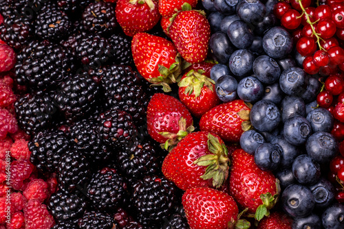 Different berry fruits background. Strawberry  blueberry  raspberry  red currant and blackberry mix.