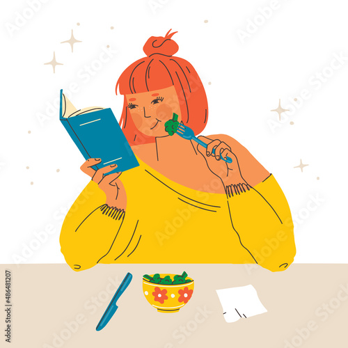 Red-haired young woman reads a book and eats broccoli. The concept of a healthy lifestyle and proper nutrition. Vector illustration, eps 10.