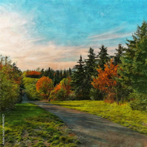 Trendy beautiful travel landscape, bright colors of power of nature. Touristic famous location. Oil painted wall art print in large size, creative drawing design. Contemporary pictorial artwork
