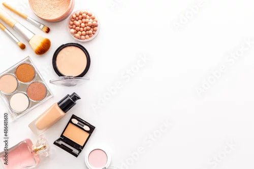 Obraz Decorative makeup cosmetic on color background, top view