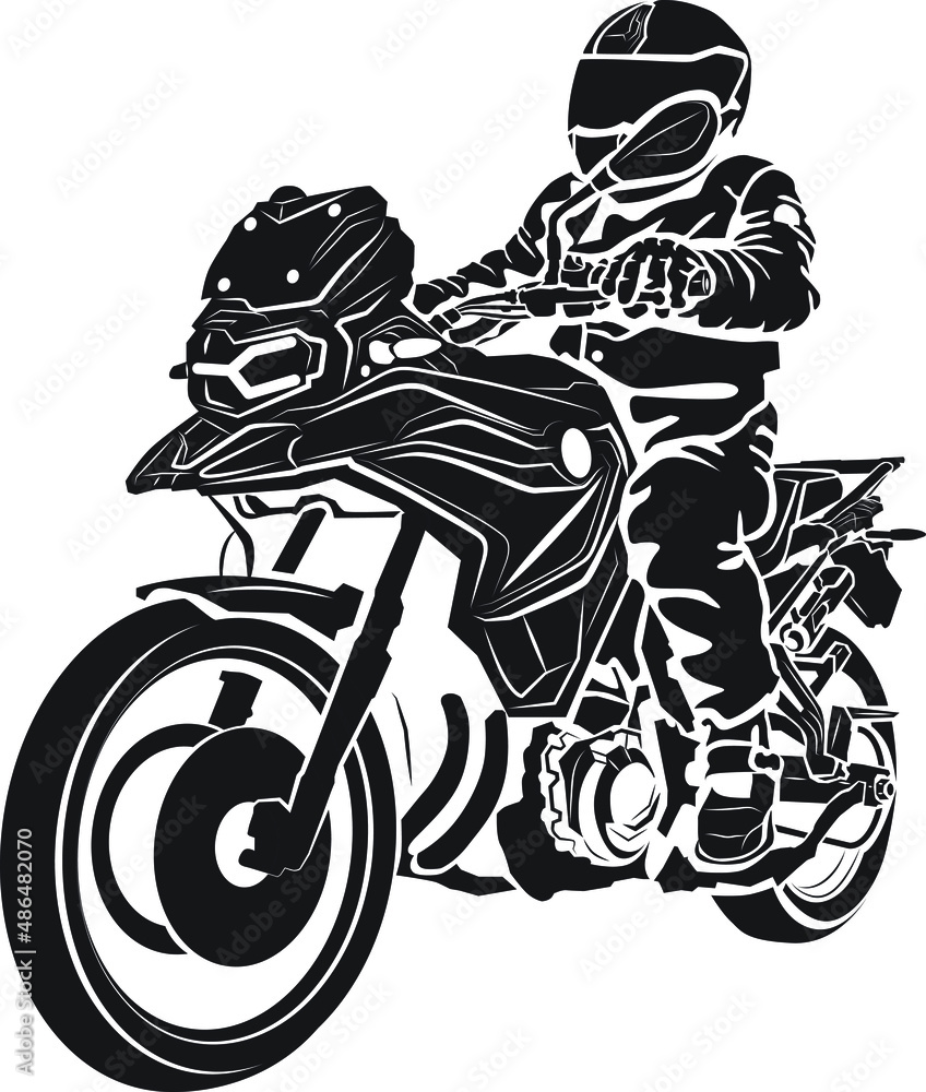 Vector silhouette of road biker. Black and white isolate hand drawn  motorcycle. BMW GS motorcycle illustration for web, print design. Poster,  t-shirt, site, blog usage. Extreme lovers club. Stock Vector | Adobe