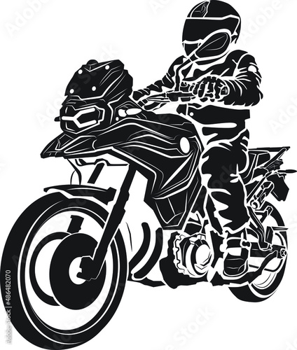 Vector silhouette of road biker. Black and white isolate hand drawn motorcycle. BMW GS motorcycle illustration for web, print design.  Poster, t-shirt, site, blog usage. Extreme lovers club.