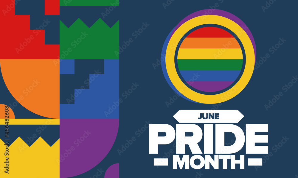 Pride Month in June. LGBT flag. Lesbian Gay Bisexual Transgender. Celebrated annual. Rainbow colours, love concept. Human rights and tolerance. Poster, banner and background. Vector illustration