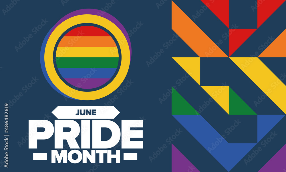 Pride Month in June. LGBT flag. Lesbian Gay Bisexual Transgender. Celebrated annual. Rainbow colours, love concept. Human rights and tolerance. Poster, banner and background. Vector illustration Pride Month in June. LGBT flag. Lesbian Gay Bisexual Transgender. Celebrated annual. Rainbow colours, love concept. Human rights and tolerance. Poster, banner and background. Vector illustration