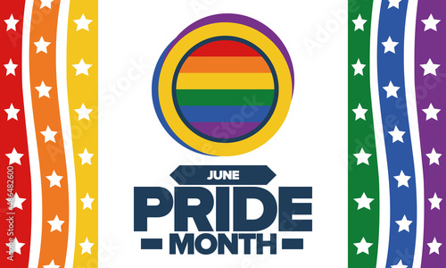 Pride Month in June. LGBT flag. Lesbian Gay Bisexual Transgender. Celebrated annual. Rainbow colours, love concept. Human rights and tolerance. Poster, banner and background. Vector illustration