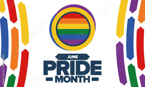 Pride Month in June. LGBT flag. Lesbian Gay Bisexual Transgender. Celebrated annual. Rainbow colours, love concept. Human rights and tolerance. Poster, banner and background. Vector illustration