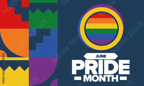 Pride Month in June. LGBT flag. Lesbian Gay Bisexual Transgender. Celebrated annual. Rainbow colours, love concept. Human rights and tolerance. Poster, banner and background. Vector illustration