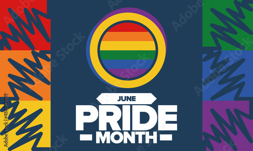 Pride Month in June. LGBT flag. Lesbian Gay Bisexual Transgender. Celebrated annual. Rainbow colours, love concept. Human rights and tolerance. Poster, banner and background. Vector illustration