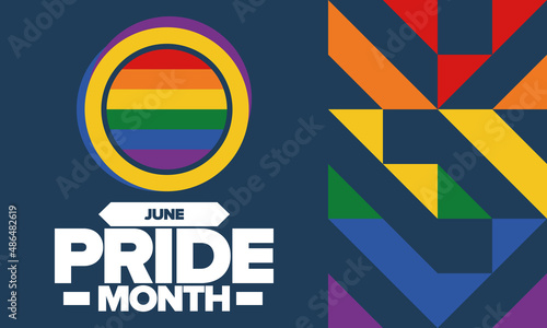 Pride Month in June. LGBT flag. Lesbian Gay Bisexual Transgender. Celebrated annual. Rainbow colours, love concept. Human rights and tolerance. Poster, banner and background. Vector illustration