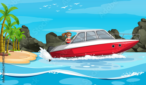 Ocean scenery with a woman on speedboat