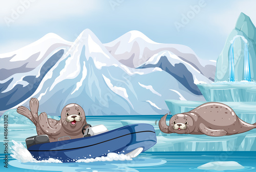 Antarctica landscape with seal in a boat