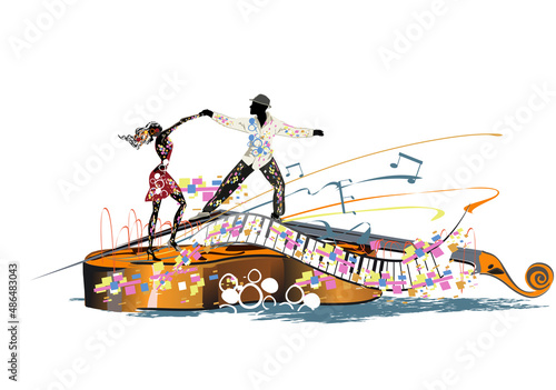 Abstract musical design with dancers, colorful splashes and musical waves, notes. Hand drawn vector illustration.