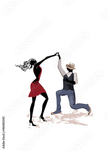Beautiful romantic couple in passionate Latin American dances. Salsa festival. Hand drawn poster background.