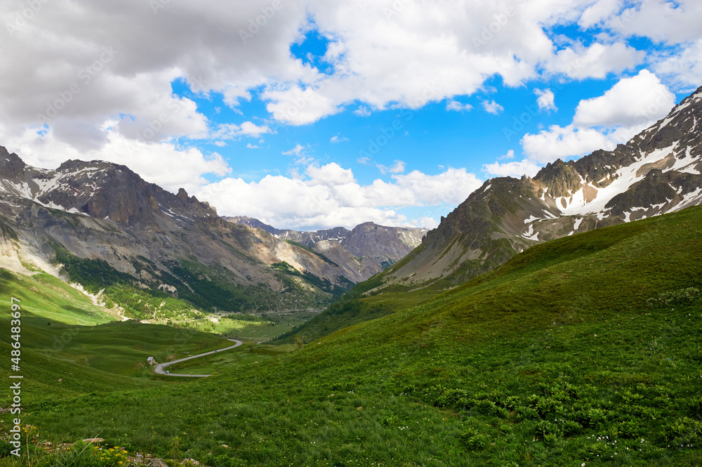 Scenic view at Galibier mountain pass in French Alps