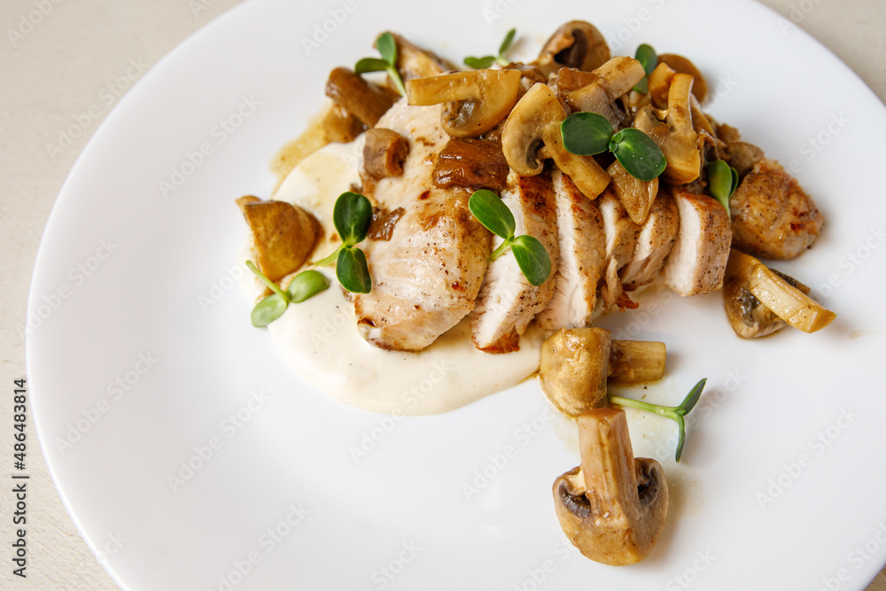 Turkey and mushroom dish with bechamel sauce. Turkey and mushroom dish with bechamel sauce.
