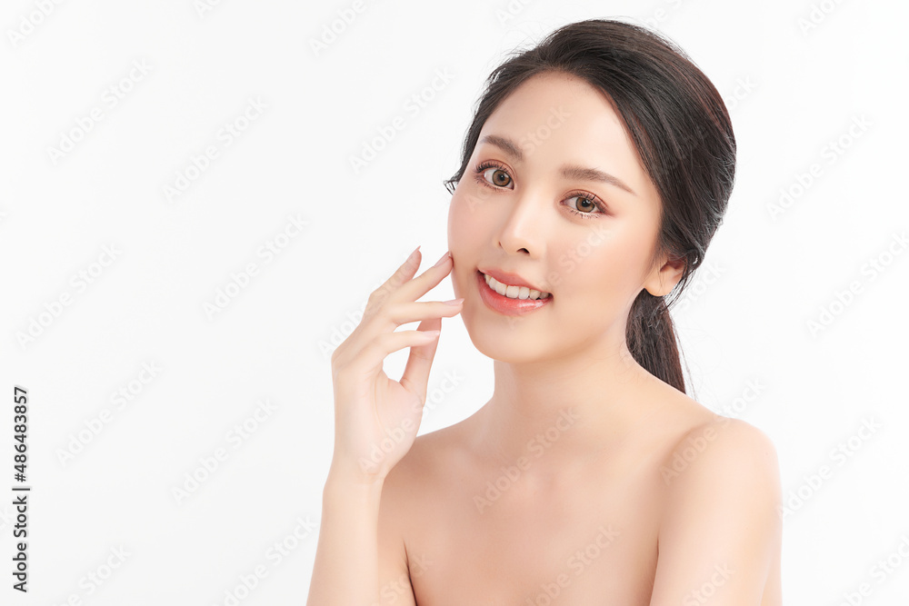 Beautiful young asian woman with clean fresh skin on white background, Face care, Facial treatment, Cosmetology, beauty and spa, Asian women portrait.