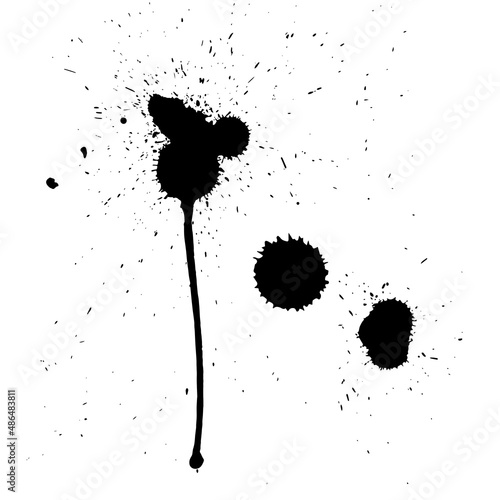 Ink spots made by falling ink from a height. 
Black spots on a white background. Three big spots and a lot of small ones.


