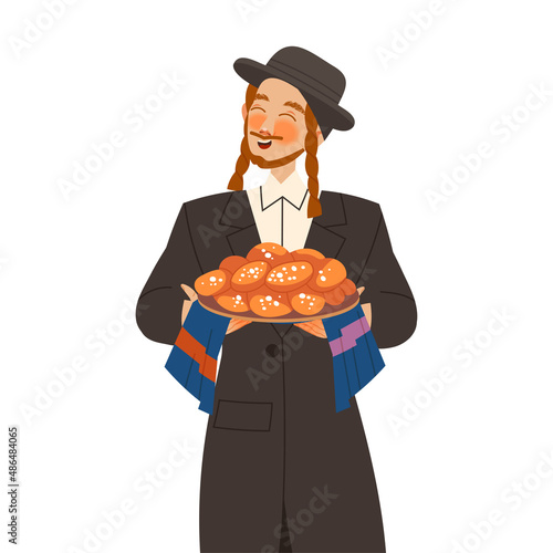 Gastronomic Tourism with Man Character with Side Curls Holding Authentic Jewish Challah Bread with Sesame Seed Vector Illustration