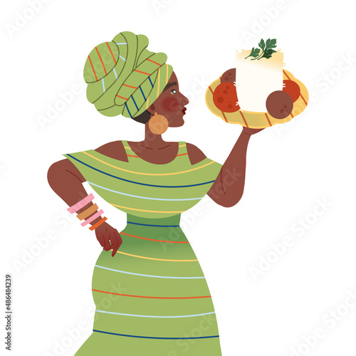 Gastronomic Tourism with Woman Character Holding Authentic African Dish Vector Illustration