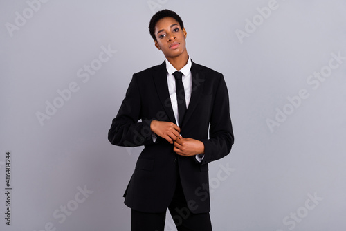 Photo of young lovely handsome man woman wear modern clothes freedom isolated over grey color background