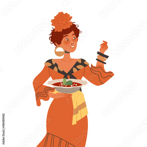 Gastronomic Tourism with Woman Character in Red Dress Holding Authentic Spanish Gaspacho Dish Vector Illustration