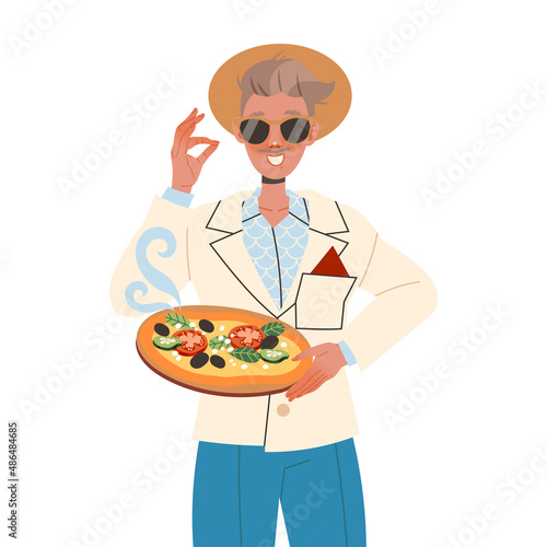 Gastronomic Tourism with Man Character in Sunglasses Holding Authentic Italian Pizza Dish Vector Illustration