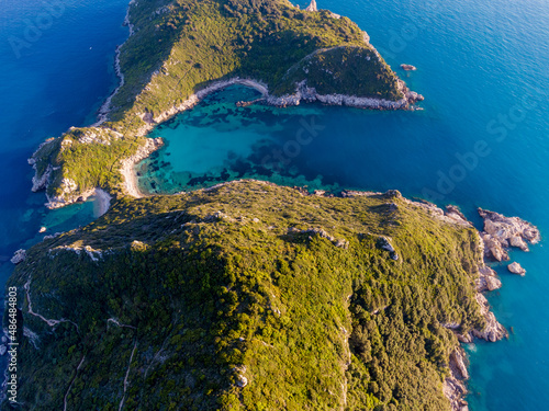 Aerial drone view of famous porto timoni beach in afionas village corfu , greece