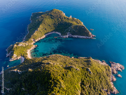 Aerial drone view of famous porto timoni beach in afionas village corfu , greece