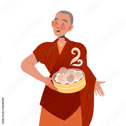 Gastronomic Tourism with Man Character Holding Authentic Chinese Dish with Steaming Stuffed Bao Vector Illustration