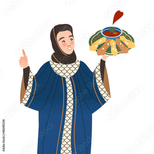 Gastronomic Tourism with Woman Character Holding Authentic Turkish Dish Vector Illustration
