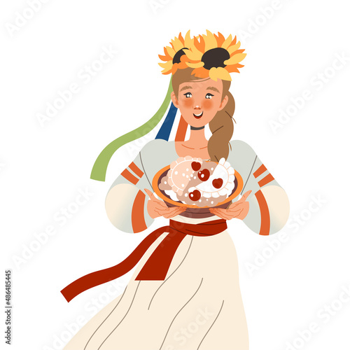 Gastronomic Tourism with Woman Character Holding Authentic Ukrainian or Russian Dish with Pirogi Vector Illustration