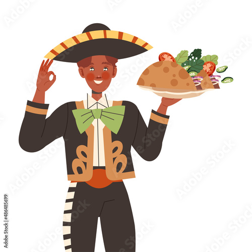 Gastronomic Tourism with Man Character in Sombrero Hat Holding Authentic Mexican Dish with Stuffed Tortilla Vector Illustration