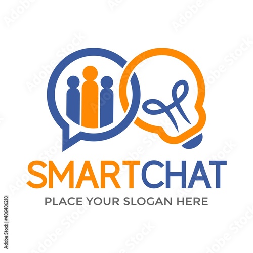 Smart chat vector logo template. This design use bulb lamp and people symbol. Suitable for conversation.