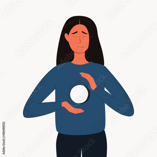 A flat vector illustration of an unhappy woman with a hole inside herself. Metaphorical reflection of inner emptiness. Psychological trauma and disorders, depression, loss, loneliness.