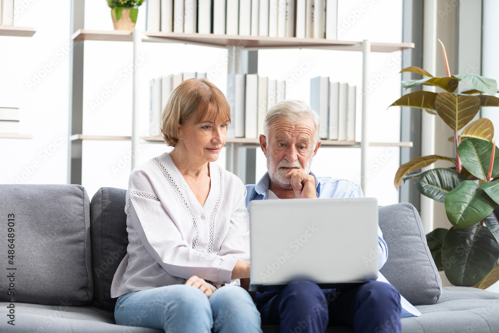 senior couple using laptop computer on sofa senior couple using laptop computer on sofa