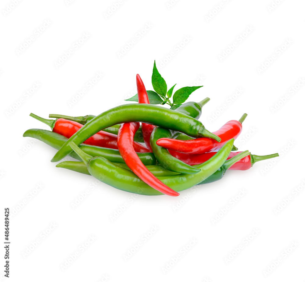 Fresh chilli with leaves isolated on white background Fresh chilli with leaves isolated on white background