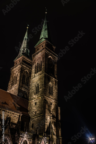 Neurenberg, Bavaria - Germany - 07 26 2018: Low angle view of the twin towers of the Saint Sebaldus church