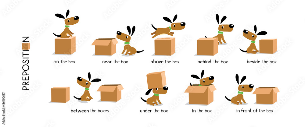 Preposition Of Place Set. Dog And The Boxes เวกเตอร์สต็อก | Adobe Stock