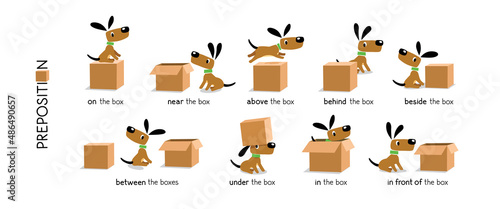 Preposition of place set. Dog and the boxes photo