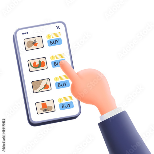 Hand holding mobile phone with NFT non fungible token and pointing to the screen. Trading in blockchain and collectible digital art technology concept. 3D rendering style Vector illustration isolated