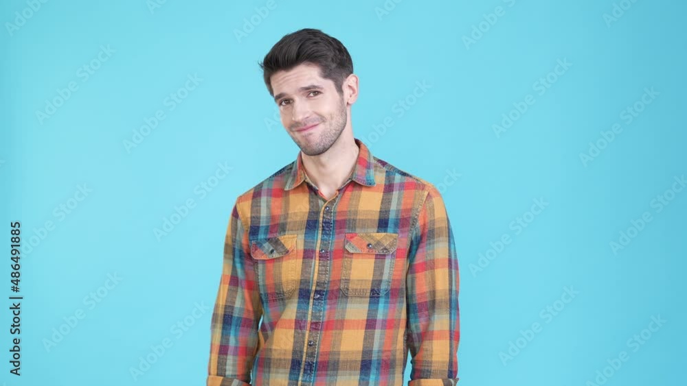 Cool guy meet girl ask call him gesture isolated blue color background Cool guy meet girl ask call him gesture isolated blue color background