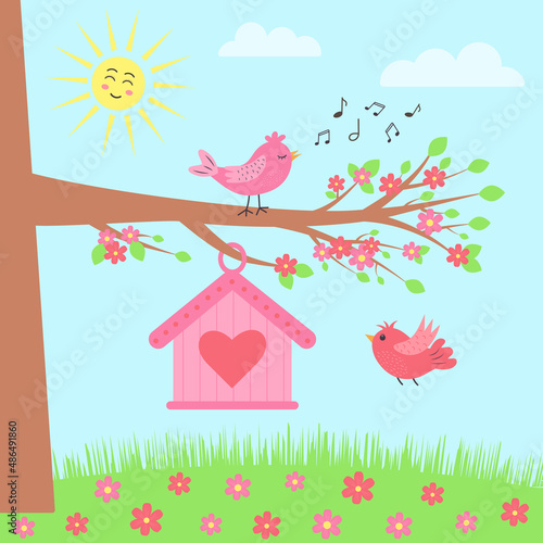 Meadow with tree, flowers, birdhouse and birds. Springtime. Cartoon sun is shining. Birds are flying and singing.