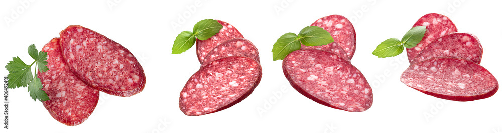 Slices of smoked sausage with fresh herbs, highlighted on a white background Slices of smoked sausage with fresh herbs, highlighted on a white background