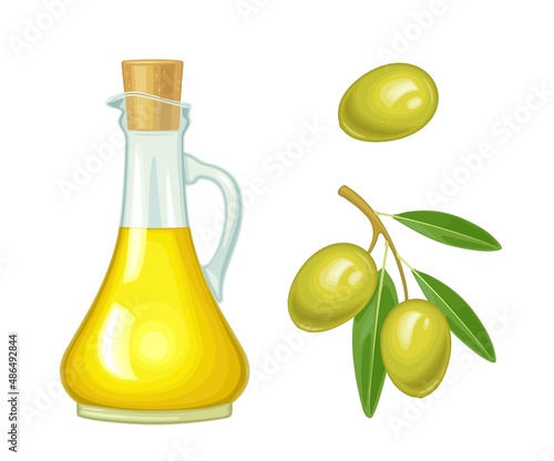 Bottle glass oil with cork stopper and branch olive with leaves