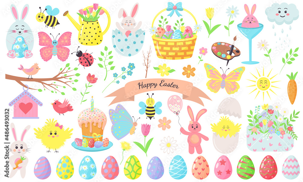 Set of Easter spring elements. Bunnies, chicks, eggs, flowers, butterflyes and other. Perfect for scrapbooking, greeting card, party invitation, poster, tag, sticker kit. Vector illustration.