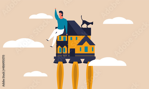 House work on smart rocket success and increase management. Character online office and workplace vector illustration concept. Employment freelance and power productivity boost. Remotely workspace