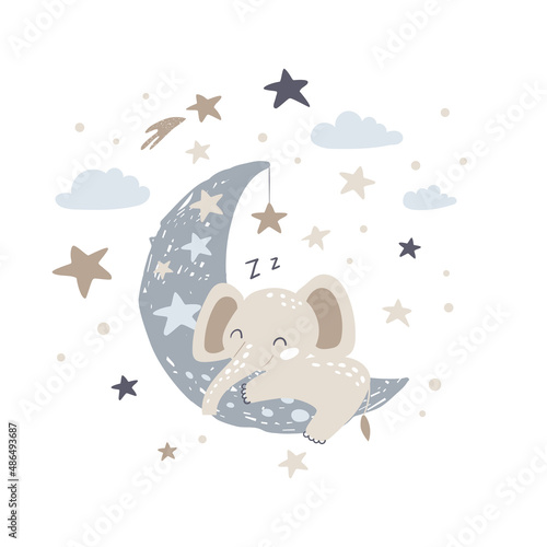 Cute elephant sleeping on the moon. Vector Illustration